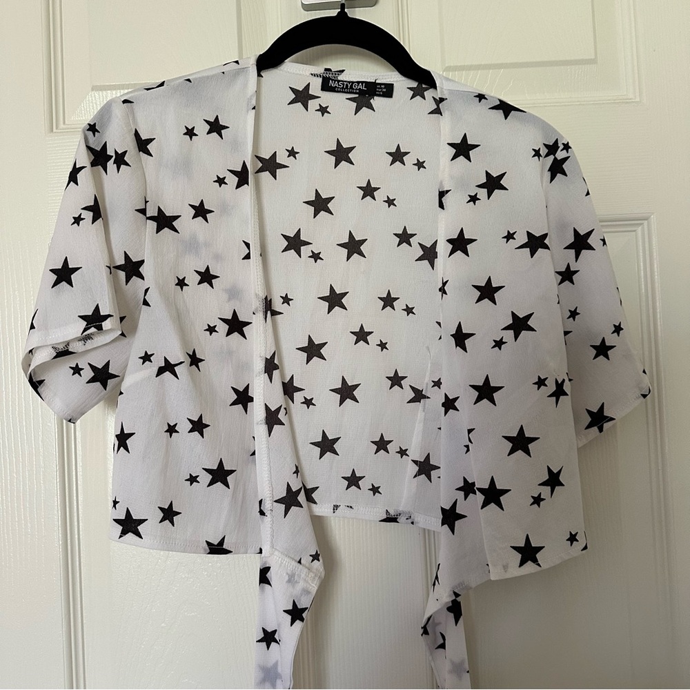 Nasty Gal White Sheer Top with Black Star Print